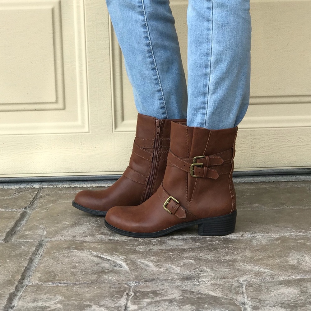 Cognac Polished Buckle Combat Style Ankle Booties - Picture 4 of 5